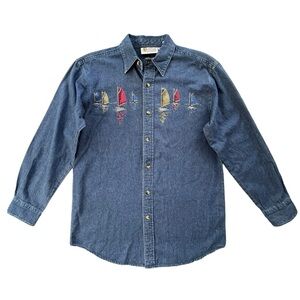 Christine Alexander Womens Sz Medium Denim Rhinestone Sailboats Button Front Top